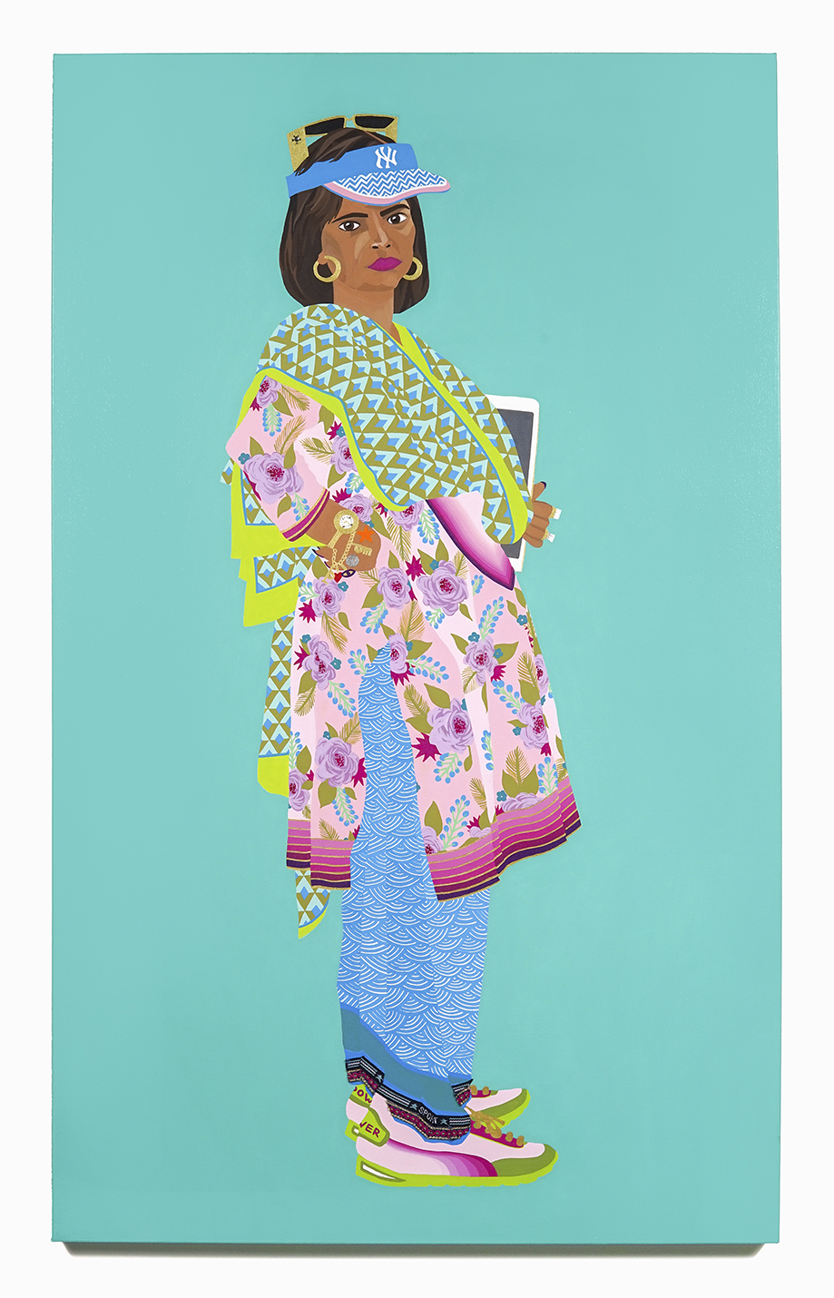 2016. Pinky Aunty ( Upping the Aunty series) Acrylic, fabric and crystal on canvas 36 in. x 60 in. Pinky Aunty kicks ass with powder pink Bata Power sneakers paired with Hiroshige-inspired Japanese sport-styled patiala salwar. She tops this with a rose garden floral kameez and contemporary-chic diamond-patterned chuni. Large rocks on her fingers, branded Versace-look sunglasses perched above her NY Yankees visor round off her urban flair. Private Collection
