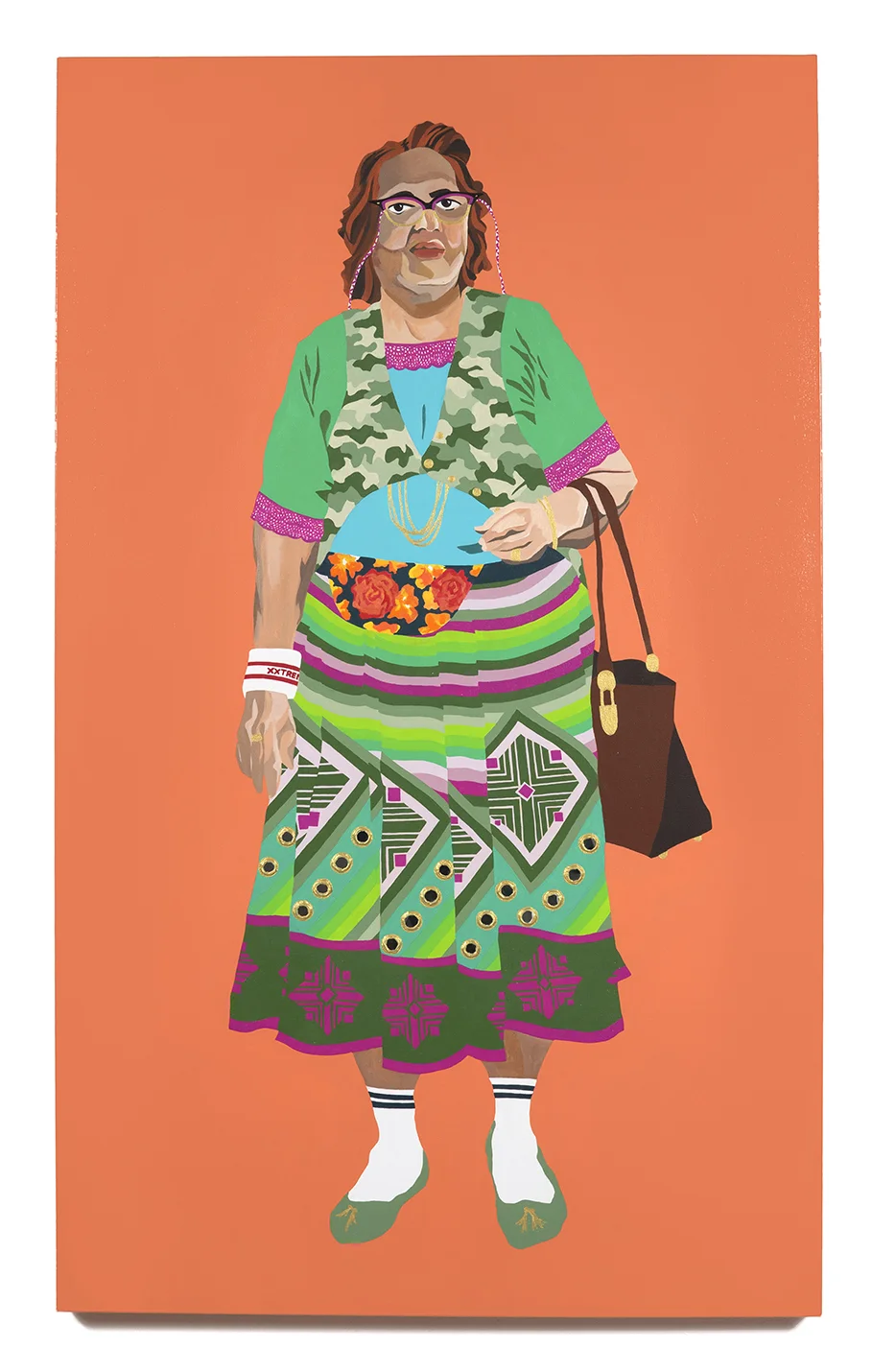 2016. Joyce Aunty ( Upping the Aunty series) Acrylic and mirror on canvas 36 in. x 60 in. Joyce Aunty takes sport casual to the next level. She combines sensible walking flats with Adidas-like crisp white socks, a complimentary terrycloth wristband and a convenient fanny pack in bright florals. Her skirt embellished with mirror work, delicate lace t-shirt piping and camouflage vest let us know that she is not afraid of confidently crafting her own style. Available