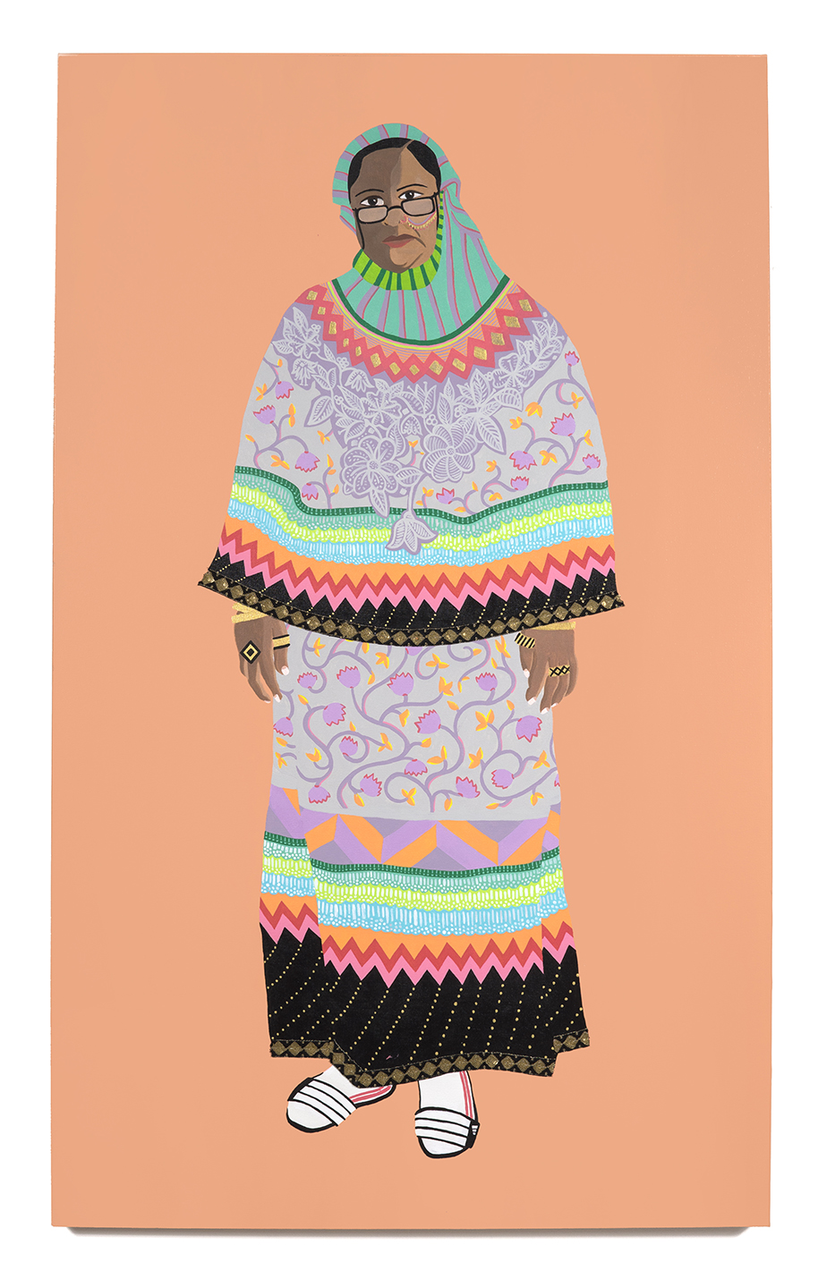 2016. Rashida Aunty ( Upping the Aunty series) Acrylic and fabric on canvas 36 in. x 60 in. Rashida Aunty wears a delicate hand-embroidered rida with lace and Mukesh work throughout. The contrasting striped pardi is folded away from the face. She pulls the outfit together with lightweight Adidas slippers and white sport socks for cooler days. Available