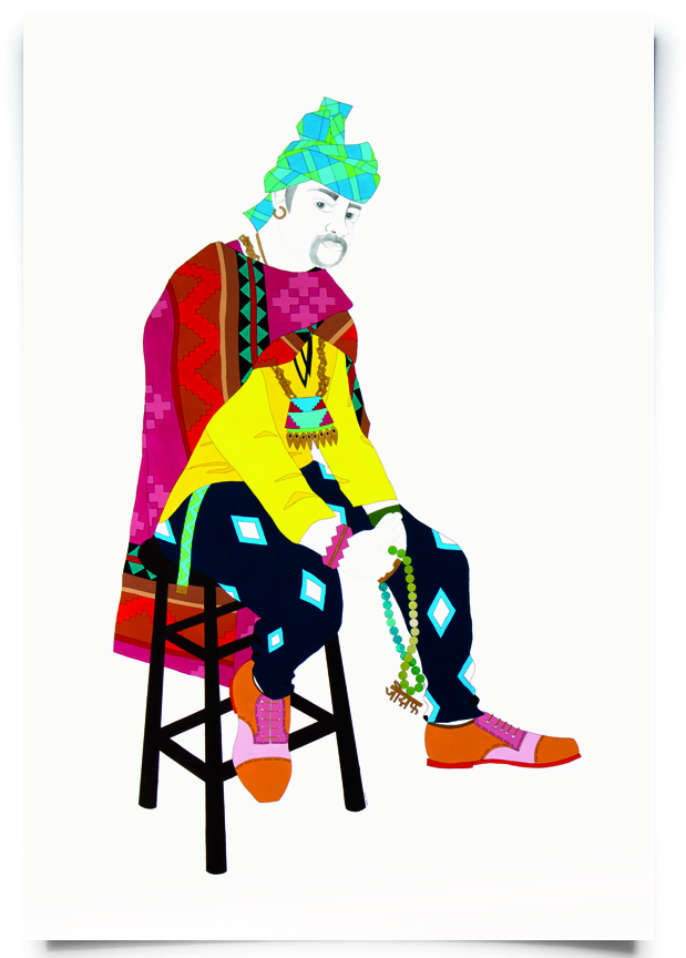 2012. Joseph ( Firangi Rang Barangi series) Acrylic and pencil on paper 41 in. x 66 in. Joseph’s patiala salwar is topped with a shawl inspired by the Kullu and Kinnauri designs of Himachal Pradesh. Cap Toe Oxfords nod to his cosmopolitan look. Private Collection