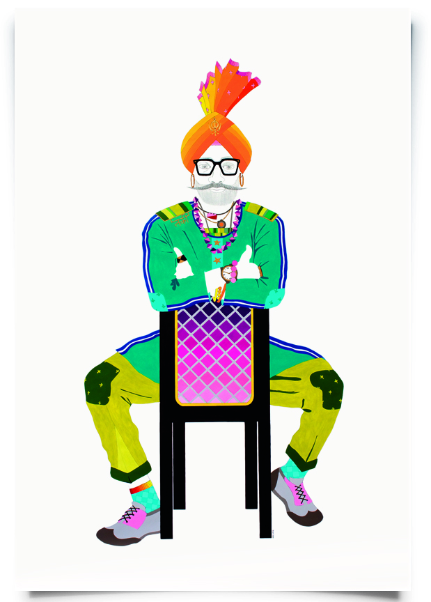 2012. Lucky ( Firangi Rang Barangi series) Acrylic, ink and pencil on paper 33 in. x 57 in. Lucky wears a kurta embellished with elbow pads and army rank shoulder stripes combining them with classic Horn-rimmed glasses, herringbone socks and a Khanda turban pin. Private Collection