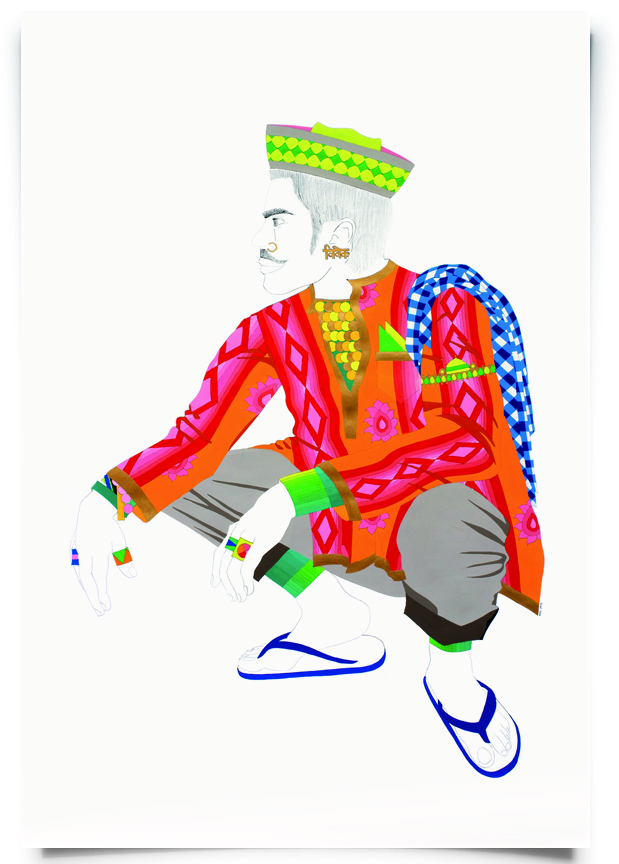 2012. Vivek ( Firangi Rang Barangi series) Acrylic and pencil on paper 38 in. x 56 in. Wearing a Nehru cap and bold kurta, Vivek flexes an opulent but casual look with rolled up trousers and blue Bata chappals. Private Collection