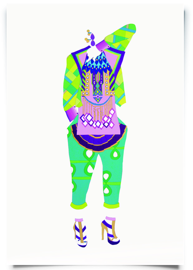 2010. Ila ( Firangi Rang Barangi series) Acrylic, ink and pencil on paper 27 in. x 55 in. Ila's look combines casually cuffed trousers with gold zari fan-pleated waist piece reminiscent of Bharatnatyam dance attire. She rocks a kurta with mirrored waist chain and a geometric bomber jacket with wide lapels. Private Collection