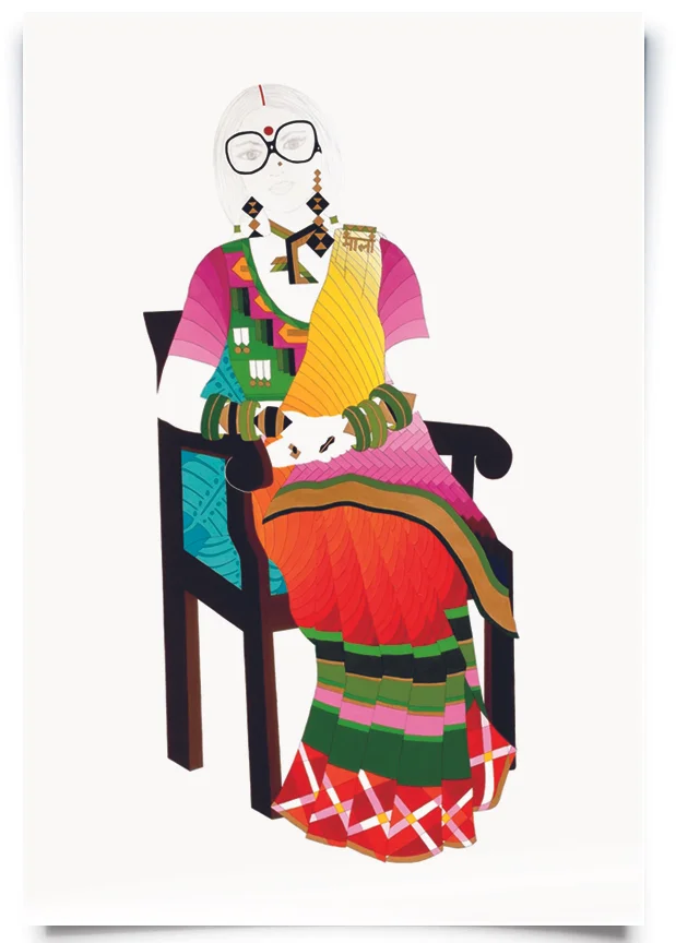 2010. Mala ( Firangi Rang Barangi series) Acrylic, ink and pencil on paper 38 in. x 59 in. Translating the style statement of a decorated General in the army, Mala mixes patterns and colours across her blouse and sari worn in the classic back-to-front Gujarati style. Her sophisticated look is bolstered by thick-framed vintage frames from the 70s, a large deep red bindi and sindoor. Private Collection