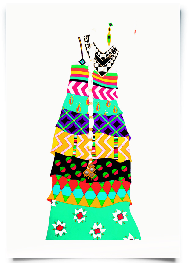 2009. Maya ( Firangi Rang Barangi series) Acrylic, ink and pencil on paper 30 in. x 50 in. long mirrored parandhi drapes the front of Maya's single-strap dress referencing pattern history. A bold yoke-like necklace let's everyone know who's calling the shots. Private Collection