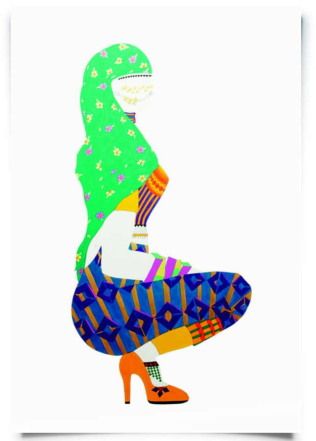 2009. Pyaari ( Firangi Rang Barangi series) Acrylic, ink and pencil on paper 25 in. x 50 in. Pyaari revels in her badassery with a combination striped ombre sari blouse worn with psychedelic art trousers and a floral headscarf. She channels the 80s with an armful of chunky square bracelets to complete the look. Private Collection