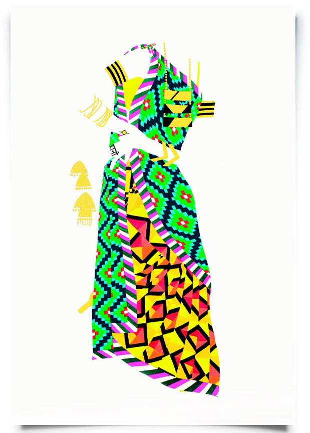2009. Rani ( Firangi Rang Barangi series) Acrylic, ink and pencil on paper 21 in. x 50 in. An immaculately pleated sari of varying rhombus and stepped patterns is combined with traditional Punjabi kaliras worn in a very non-traditional way. Her three-panel statement necklace make for an unforgettable look. Private Collection