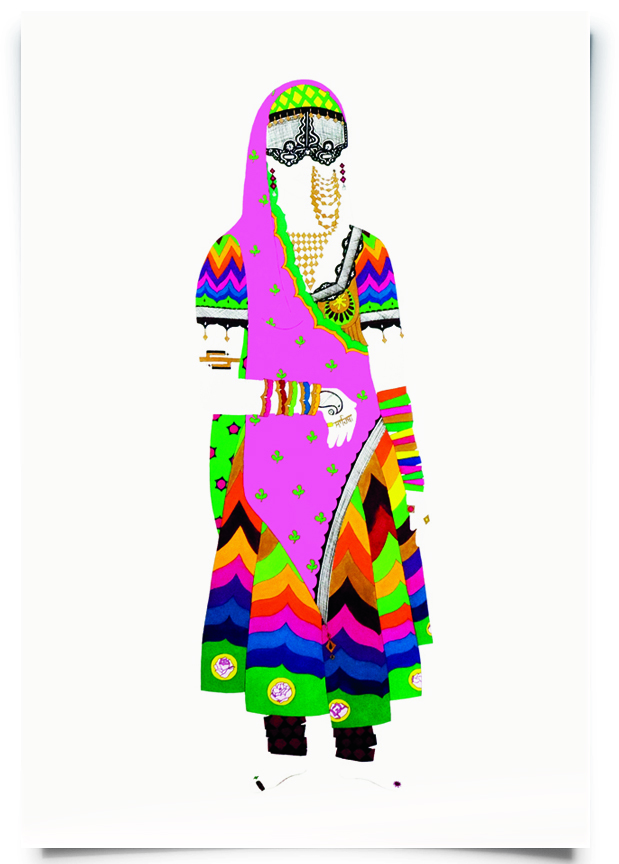 2009. Sahiba ( Firangi Rang Barangi series) Acrylic, ink and pencil on paper 24 in. x 49 in. Arresting the gaze with a Bedouin-inspired burqa and an elaborate nose chain, Sahiba wears a three-piece ghagra choli and heavy Banjara anklets. Private Collection