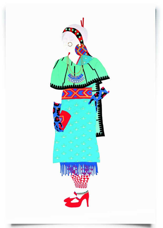 2010. Sitara ( Firangi Rang Barangi series) Acrylic, ink and pencil on paper. 35 in. x 59 in. Sitara expresses a love for shades of blue with a classic Mughal-inspired shawl, floral evening gloves and a belted kurta layered with a fringe. Her fire red heels and single payal pull the outfit together. Private Collection