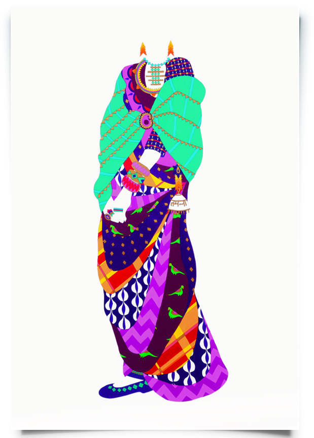 2010. Tamana ( Firangi Rang Barangi series) Acrylic, ink and pencil on paper 27 in. x 60 in. Wearing a multi-layered gown inspired by the maxi, Tamana create a style statement with layers of pattern history. Her ambi brooch and sari keychain suggest a knack for repurposing classic accessories in a bold new way. Private Collection