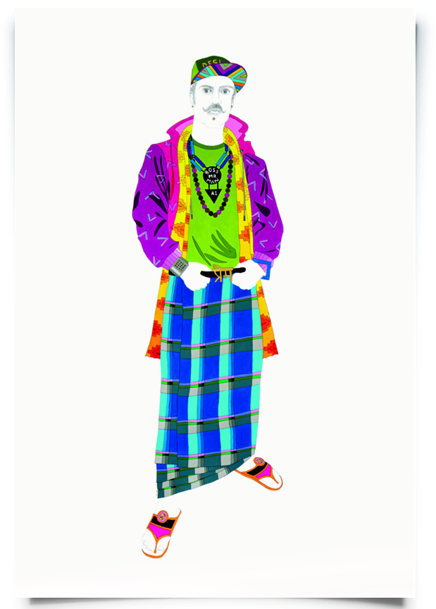 2012. Prem ( Firangi Rang Barangi series) Acrylic and pencil on paper 40 in. x 67 in. A fearless combination of madras check lungi topped with a zippered hoodie, Prem knows he doesn’t need to give up his chappals and dupatta to wear a fitted cap. Private Collection