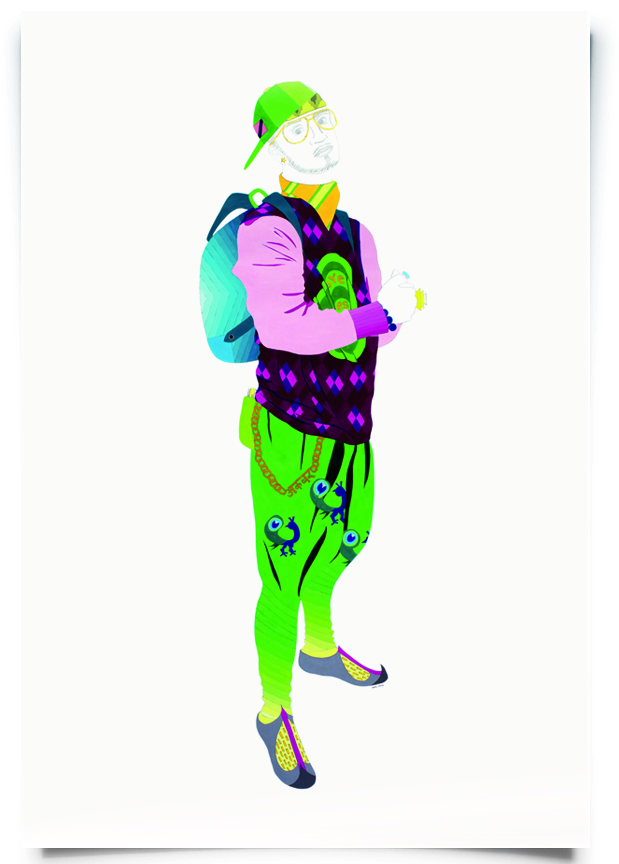 2012. Akbar ( Firangi Rang Barangi series) Acrylic, ink and pencil on paper 23 in. x 54 in. Akbar combines a contemporary fitted cap and backpack with a peacock embellished churidar and mojaris. An argyle vest pulls together his street style. Available