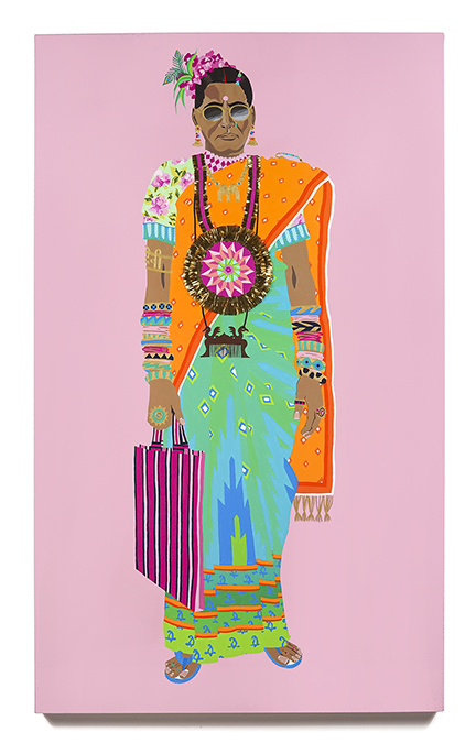 2016. Ramvati Aunty (Upping the Aunty series) Acrylic and tinsel on canvas 36 in. x 60 in.