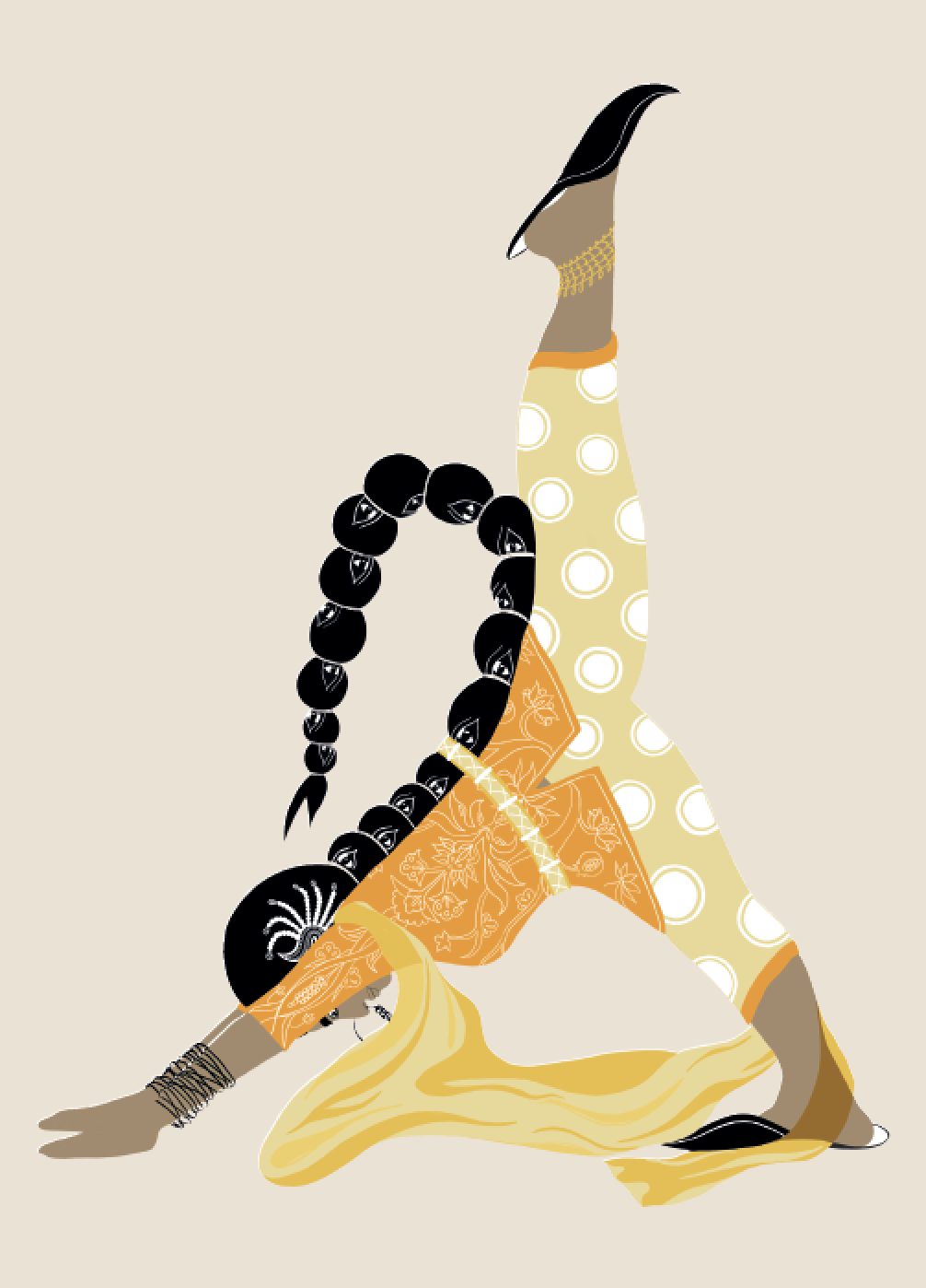 2019. Eka Pada Adho Svan ā sana (Mountain Pose) Digital print on paper 5 in. x 7 in. Practiced wearing a high-cut kameez with fitted brocade salwar, jadai billai braid jewellery and juttis sharp as knives. Purchase