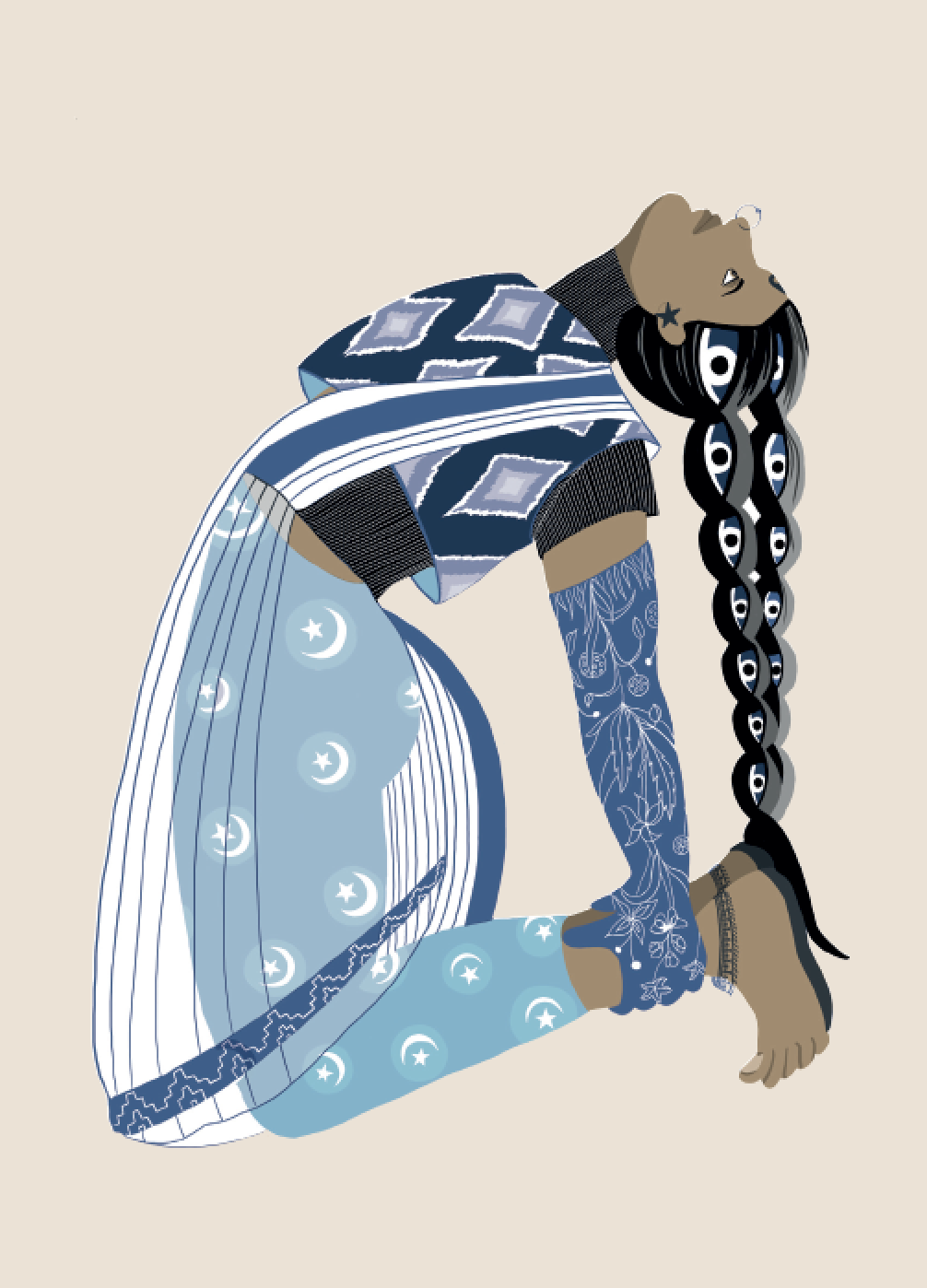 2019. Ustr ā sana (Camel Pose) Digital print on paper 5 in. x 7 in. Practiced wearing moon and stars tights, a quilted Ikat sleeveless pullover layered on a turtleneck, single-tone Kashmiri floral gloves, and a delicate sheer cotton handloom sari. Purchase