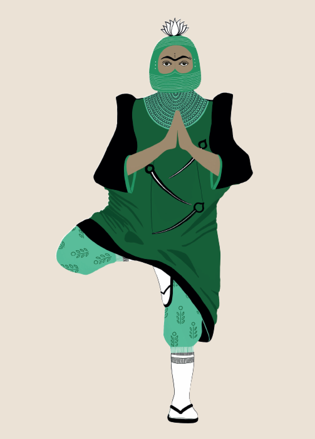 2019. Vṛkṣāsana (Tree Pose) Digital print on paper 5 in. x 7 in. Practiced wearing a custom-designed helmet, Filipiñana butterfly sleeve abaya, block-printed track pants, a triple sword necklace, and chappels. Purchase
