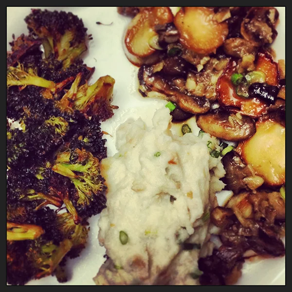 roasted broccoli + smoked salmon mashed potatoes + faux scallops
