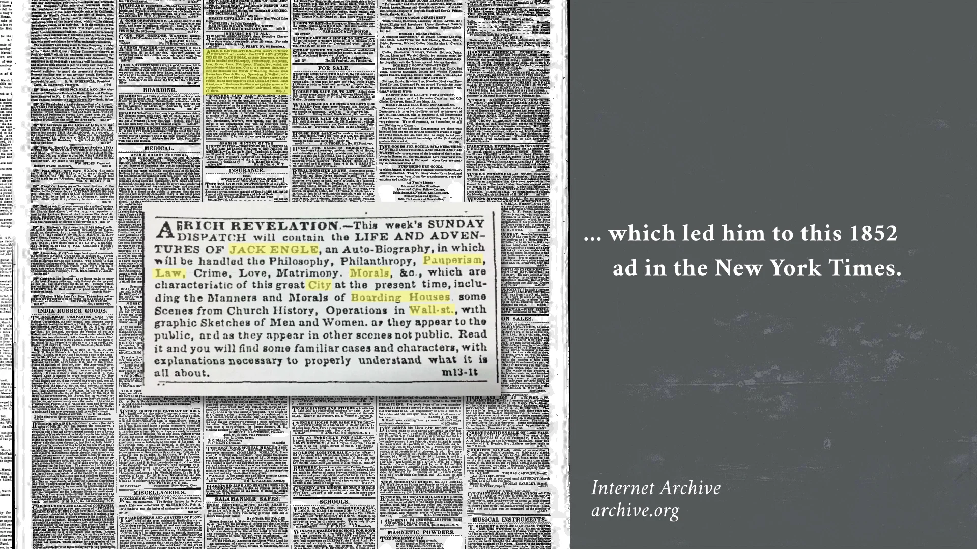 Video still featuring the New York Times ad that announced “The Life and Adventures of Jack Engle” which Turpin reconciled with keywords and phrases from Whitman’s notes.