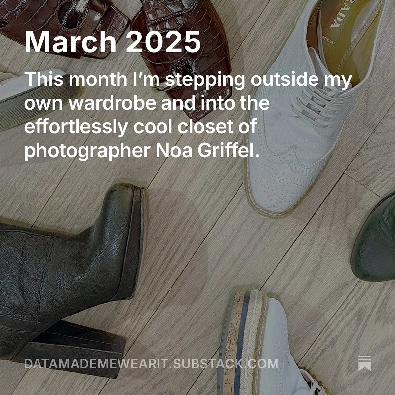 This month l&rsquo;m stepping outside my own wardrobe and into the effortlessly cool closet of photographer @noagriffel 

substack.com/datamademewearit (link in bio)
#SustainableFashion
#FashionData #SlowFashion #wearingmywardrobe