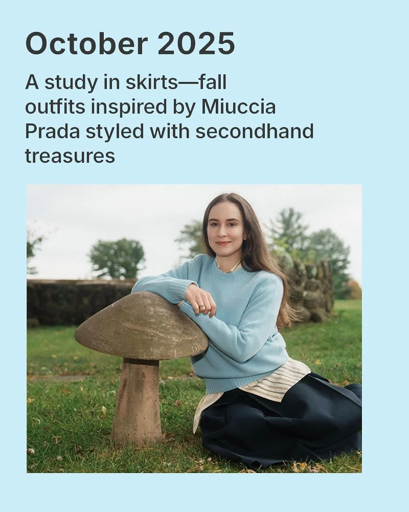 A study in skirts&mdash;fall outfits inspired by Miuccia Prada styled with secondhand treasures. 🔗 Link in bio
#SustainableFashion
#FashionData #SlowFashion #MindfulStyle #wearingmywardrobe #miucciaprada #inspiredbymiucciaprada #fallfashion