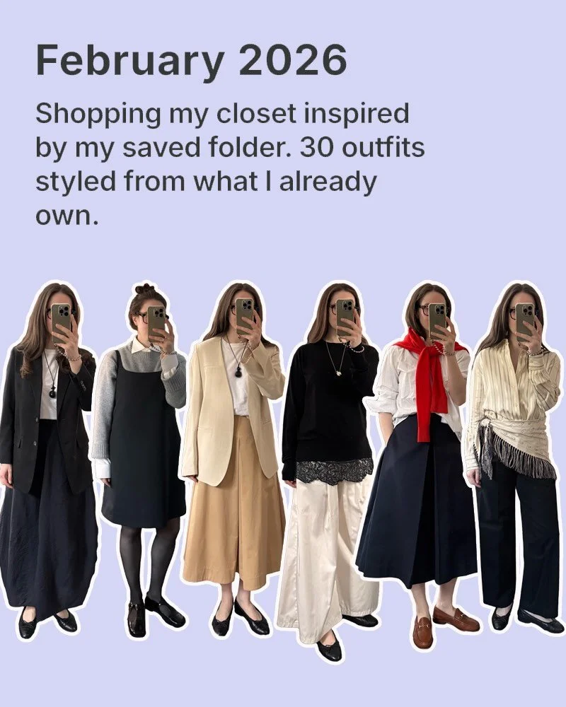 Shopping my closet inspired by my saved folder. 30 outfits styled from what I already own. 🔗 link in bio to read #wardrobedata #outﬁtinspo #stylinginsporation #wearingmywardrobe