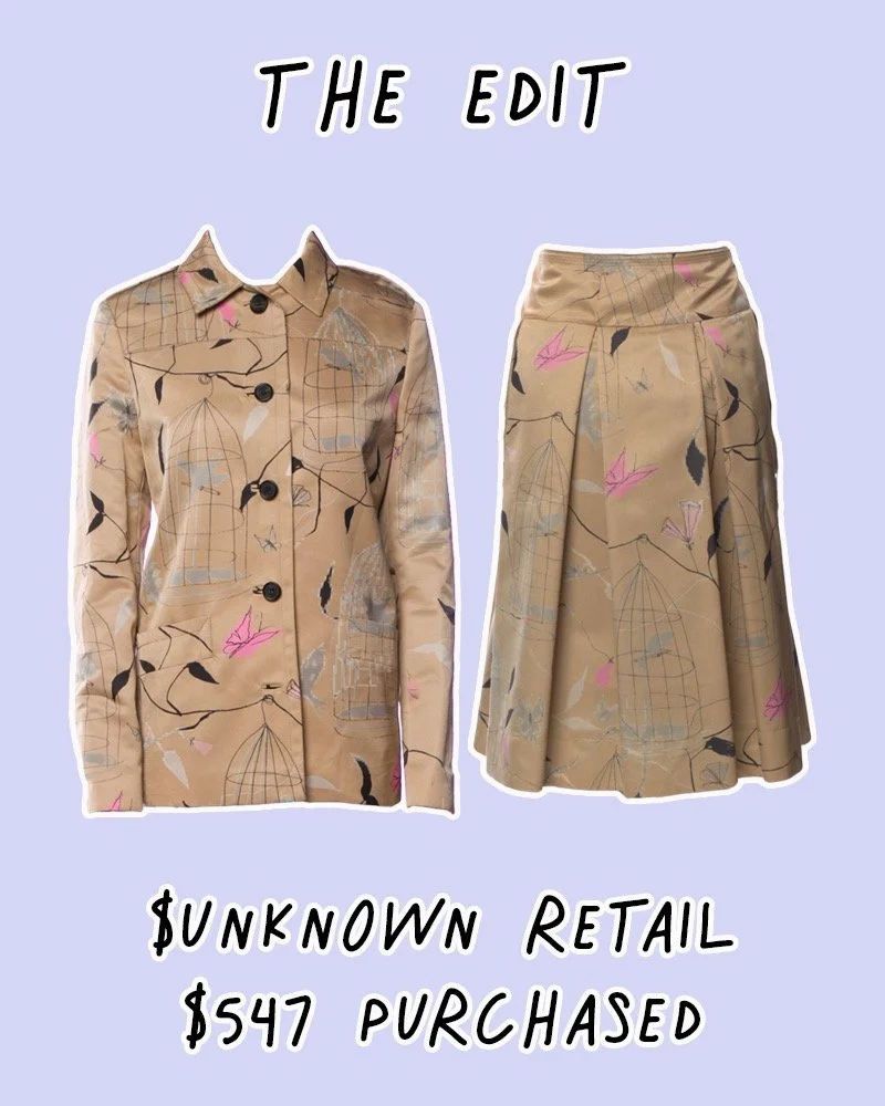 Can you believe this gem of a find from @therealreal?! It&rsquo;s early 2000s @prada and fits almost perfectly. Next stop is the tailor. The skirt will be taken in, and the jacket is missing the lower button. #secondhand #alterations #vintage