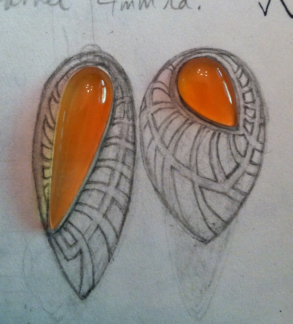  The design. It’s easier to have the stones first, but I do plenty of sketching and l hope to find the right stones to work with the design later. Here, I already had the carnelians. More rare carnelians tend toward a deeper reddish-orange, but I’m n