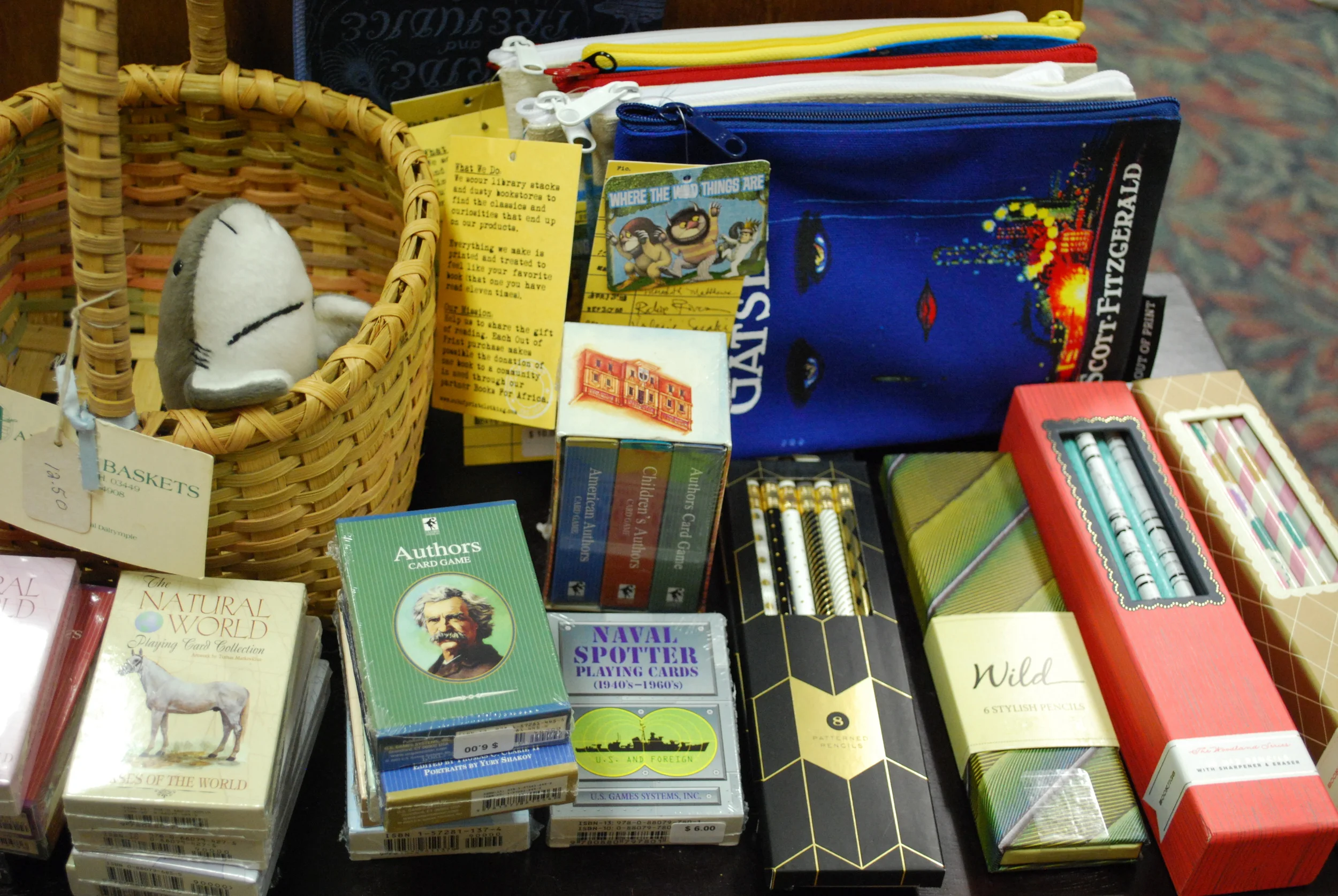 Pencil sets and card games and zipper pouches (and a friendly shark)