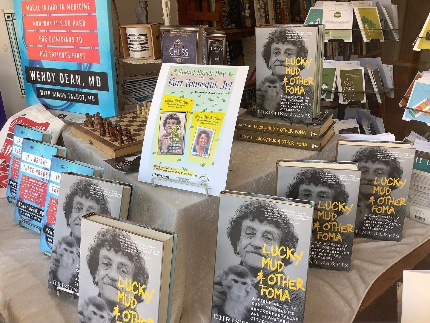 Christina Jarvis will be here 1-2:30 PM Saturday, 4/22, Earth Day, to sign her Lucky Mud &amp; Other Foma: A Field Guide to Kurt Vonnegut&rsquo;s Environmentalism and Planetary Citizenship.  This follows a presentation by her at #boslermemoriallibrar