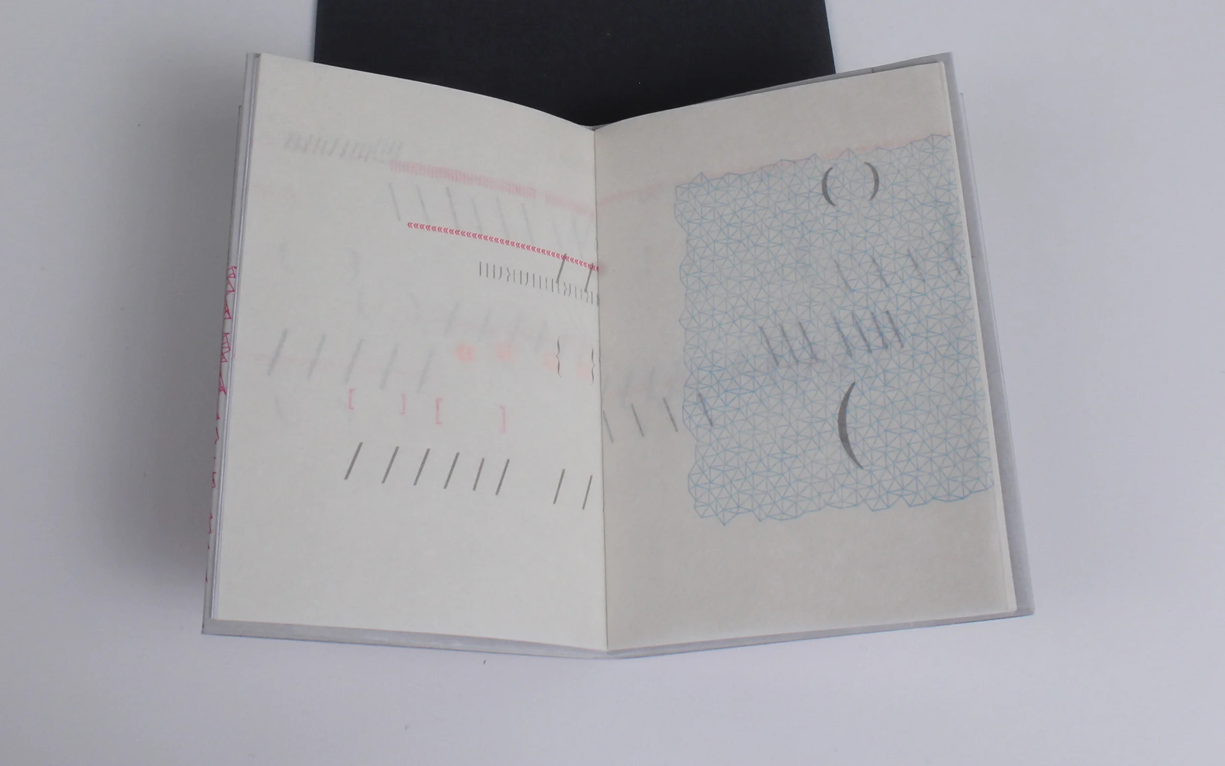 Tricia Treacy, {redirecting shift} "{redirecting shift} is an visual narrative that translates characters (glyphs) and grid systems into a visual story. What is left when we delete or remove the content? It was inspired by strike-through text, glyphs and music."