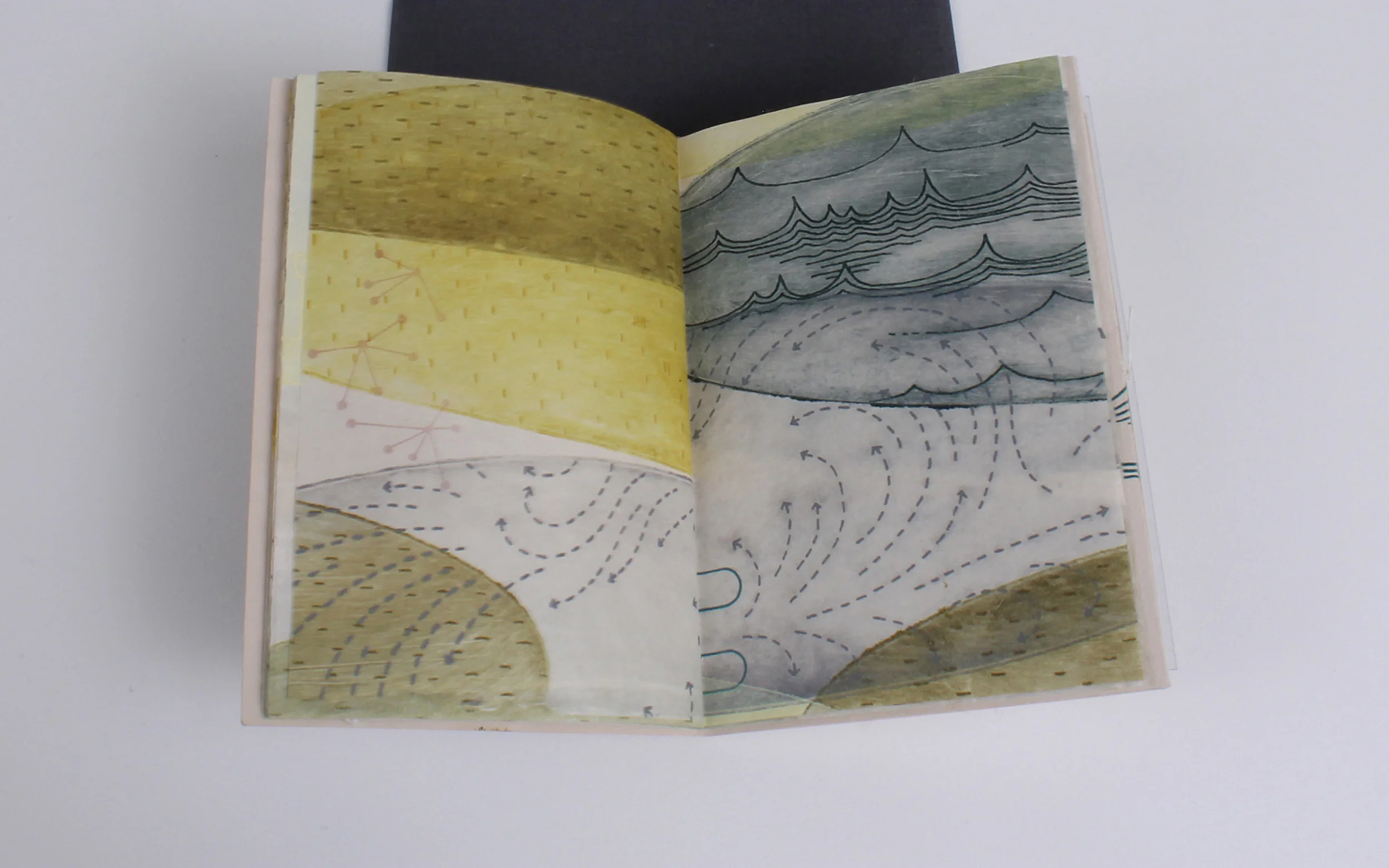 Macy Chadwick, Shift in Perspective "For my interpretation of *shift*, I looked at the same conversation from two different perspectives within the same mind. The dos-a-dos book format contrasts the two views. A romanticized view of a conversation on one side is full of layers and colors, imaginings and illogical interpretations; an analytical view on the other side applies charts and graphs to bits of the same imagery in search of meaning."