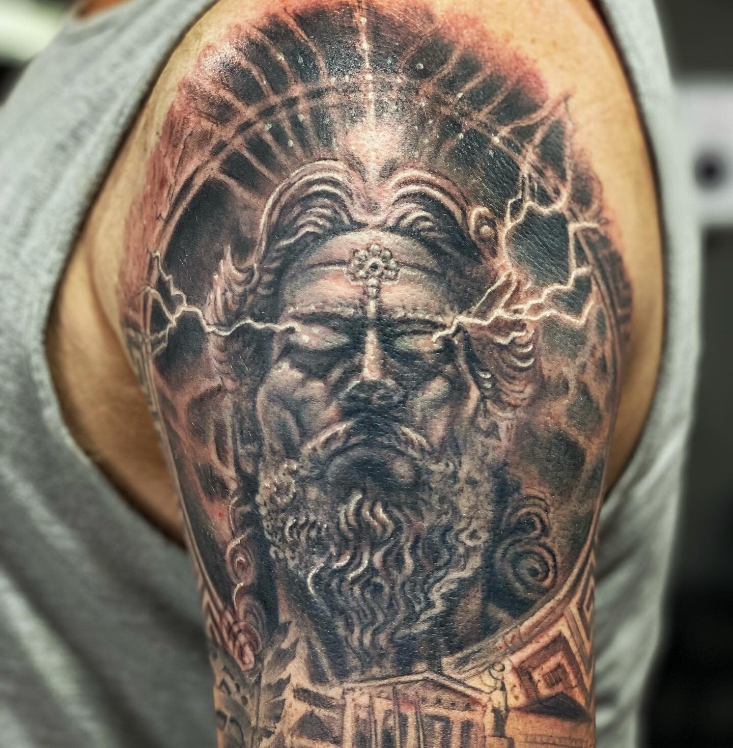 Top part of a sleeve I&rsquo;m working on&hellip;more to come. 
Cheers Ben
#blackandgreytattoo #tattoo #zeus #tattooed #blackandgrey #worthingtattoo #brightontattoo