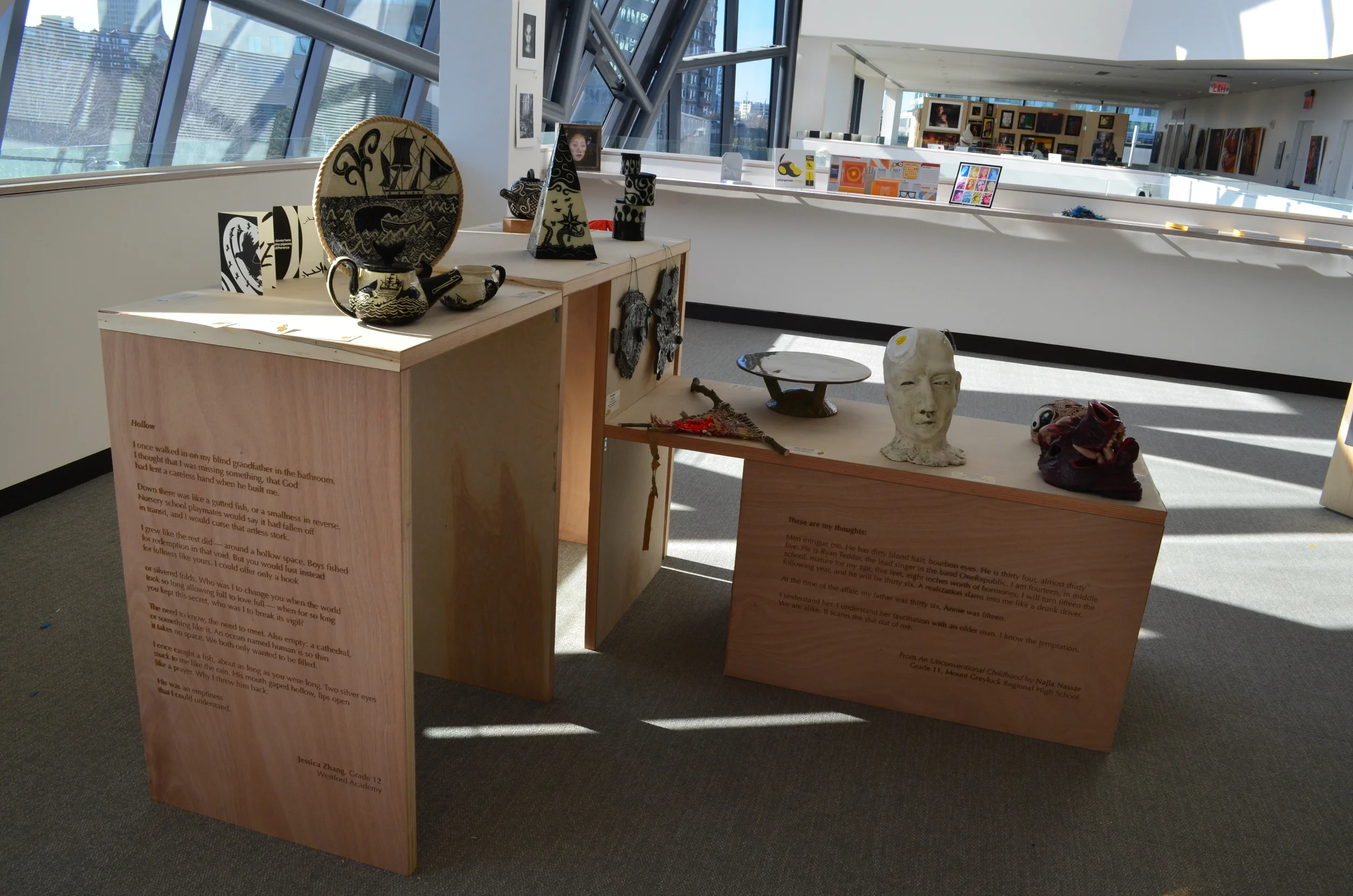  Massachusetts Regional Scholastic Art &amp; Writing Awards Gold Key Exhibition, 2016 at EF, Education FIrst. &nbsp;We laser-cut some of the award-winning writing into panels used to construct pedestals for the 3-D artwork. 