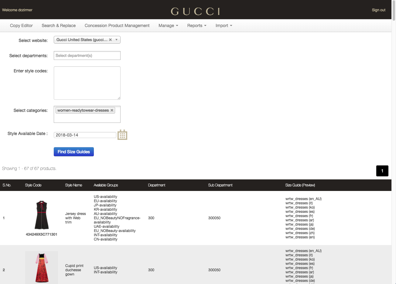 With the new reporting tool, users can view multiple products at once and view the size guides that are showing on the frontend directly within the tool, even before products go live.