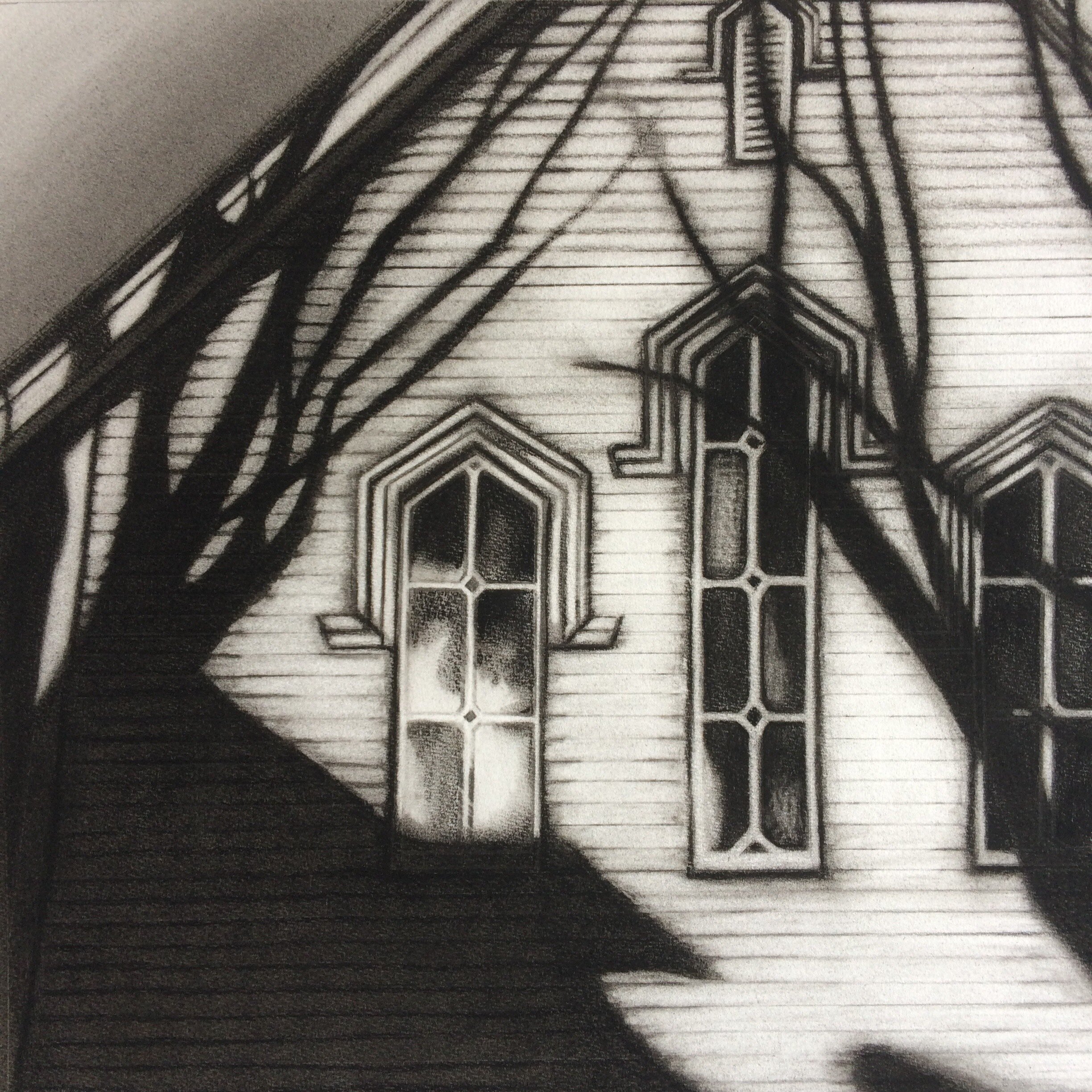 'Trinity Church-Akaroa' Charcoal on Paper 510x510mm Sold