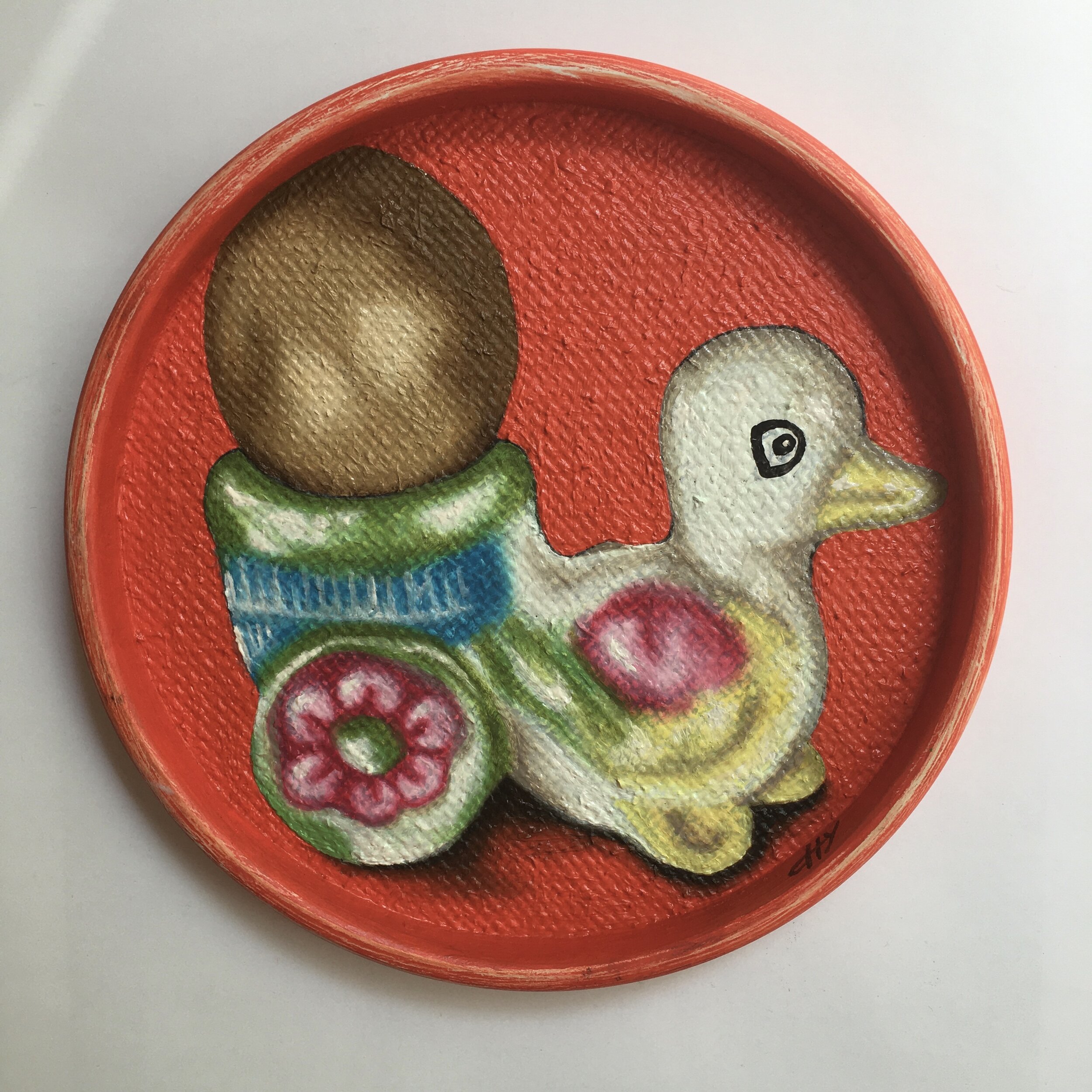 'Kitchen Cupboard Series 3 - Duckling' Oil on Hessian & Board 190mm Diameter Sold