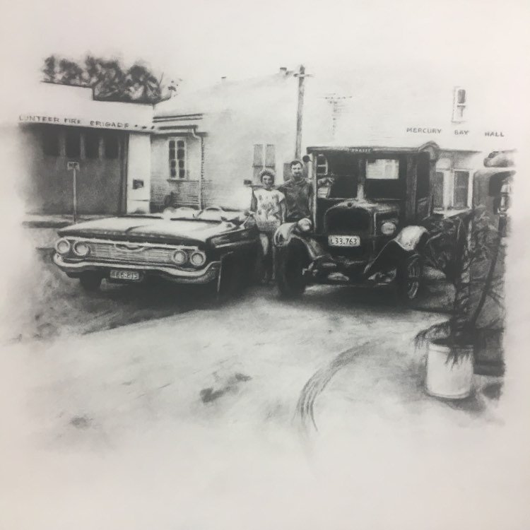 'Mercury Bay Chevrolet' Charcoal on Paper 300x400mm approx