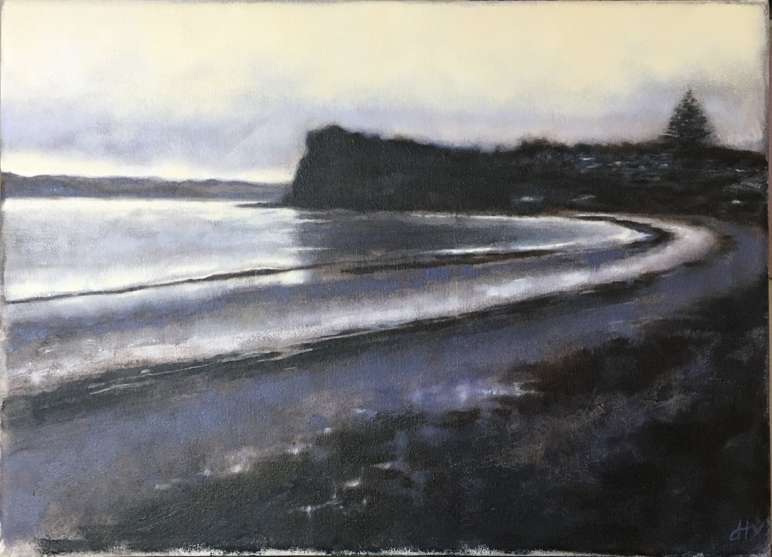 'Towards Rarowhara Pā ( Arkle's Bay ) Liquid charcoal and oil on canvas 240 x 320 mm