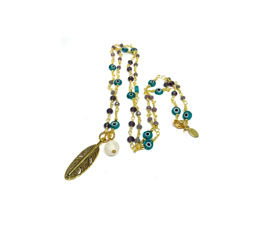 Beaded Evil Eye Chain with Feather and Agate Talisman.png