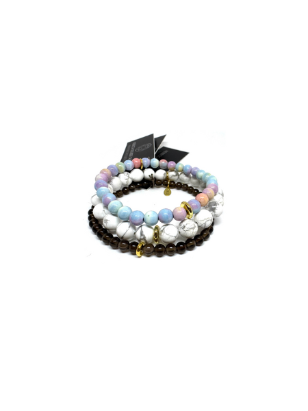 RAINBOW AGATE, HOWLITE & SMOKY QUARTZ STACKER SET