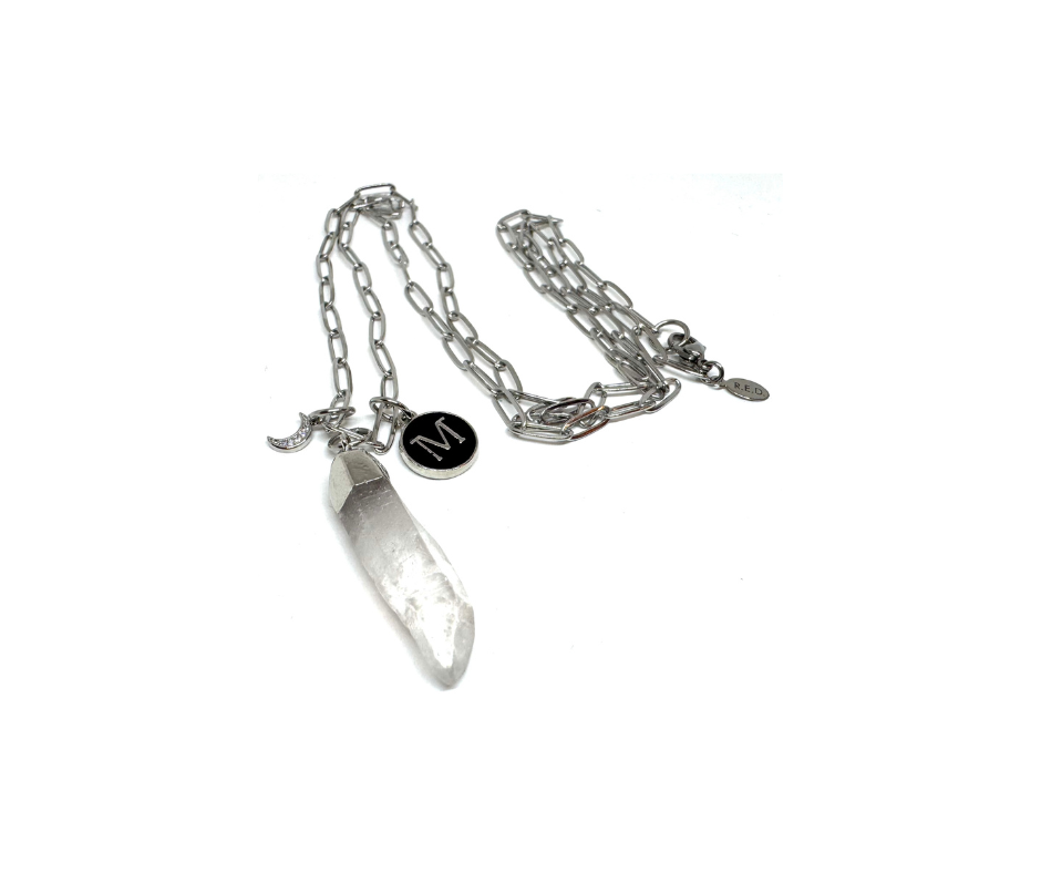 Quartz Crystal, Moon and Initial on Paperclip Chain.png