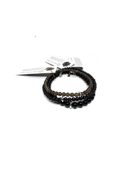 SMOKY QUARTZ, ONYX & BLACK JADE STACKER SET