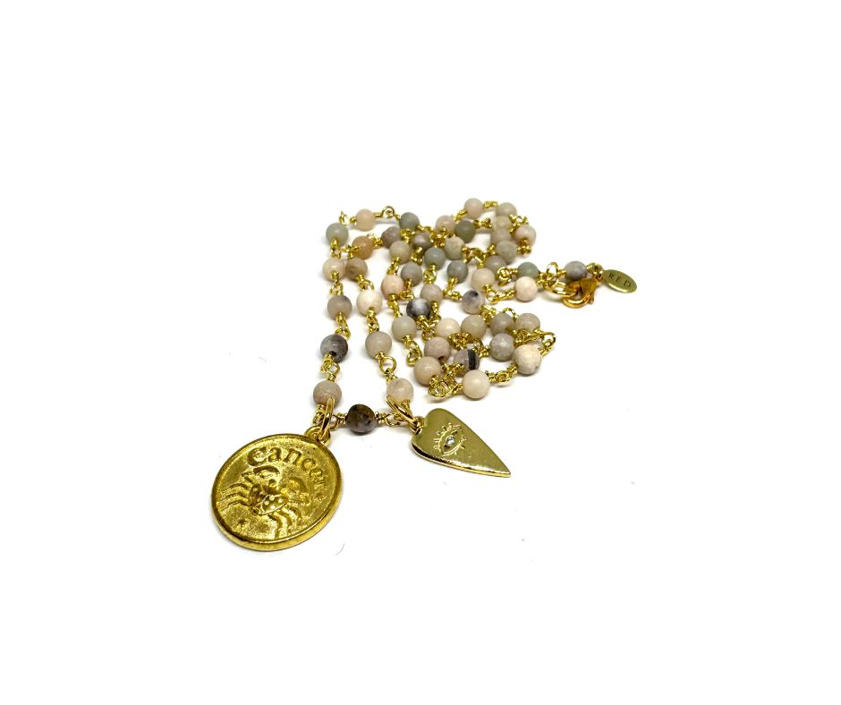 Beaded Sunstone Chain with Cancer and Mini Evil Eye Shield.png