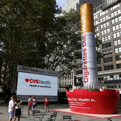 CVS: US drugstore chain stops selling tobacco products As of September 2014, US drugstore chain CVS pulled cigarettes and tobacco-related products from all its stores. Predicting that the decision will cost around $2 billion in annual revenue, the chain states that stocking tobacco products is in conflict with its role as a health care company. The company also launched the quit smoking campaign #OneGoodReason on social media, and rebranded its corporate entity as CVS Health. 