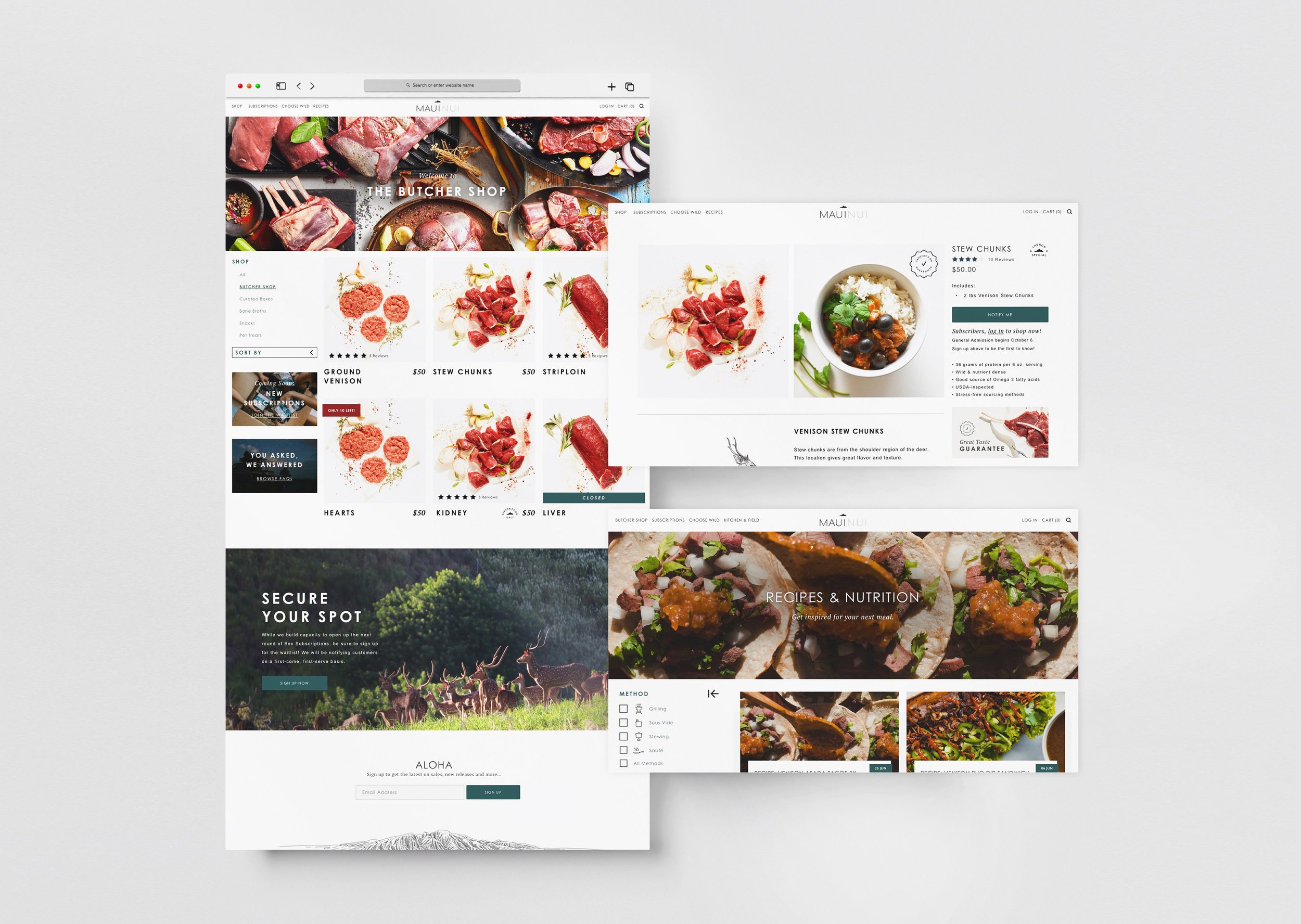 We designed the Maui Nui e-commerce site for mobile and desktop, focusing on the Butcher Shop experience and intertwined pages.