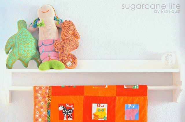 Our ocean friends turtle and seahorse were souvenirs from El Nido
Pangulasian. Blabla mermaid was a present from Flola and the alphabet quilt was handmade by Grandma Judy from when we
celebrated Amelia's 1st birthday with an Aloha Mermaid Party in Oahu's
north shore. Quilt rack from Pottery Barn Kids.
