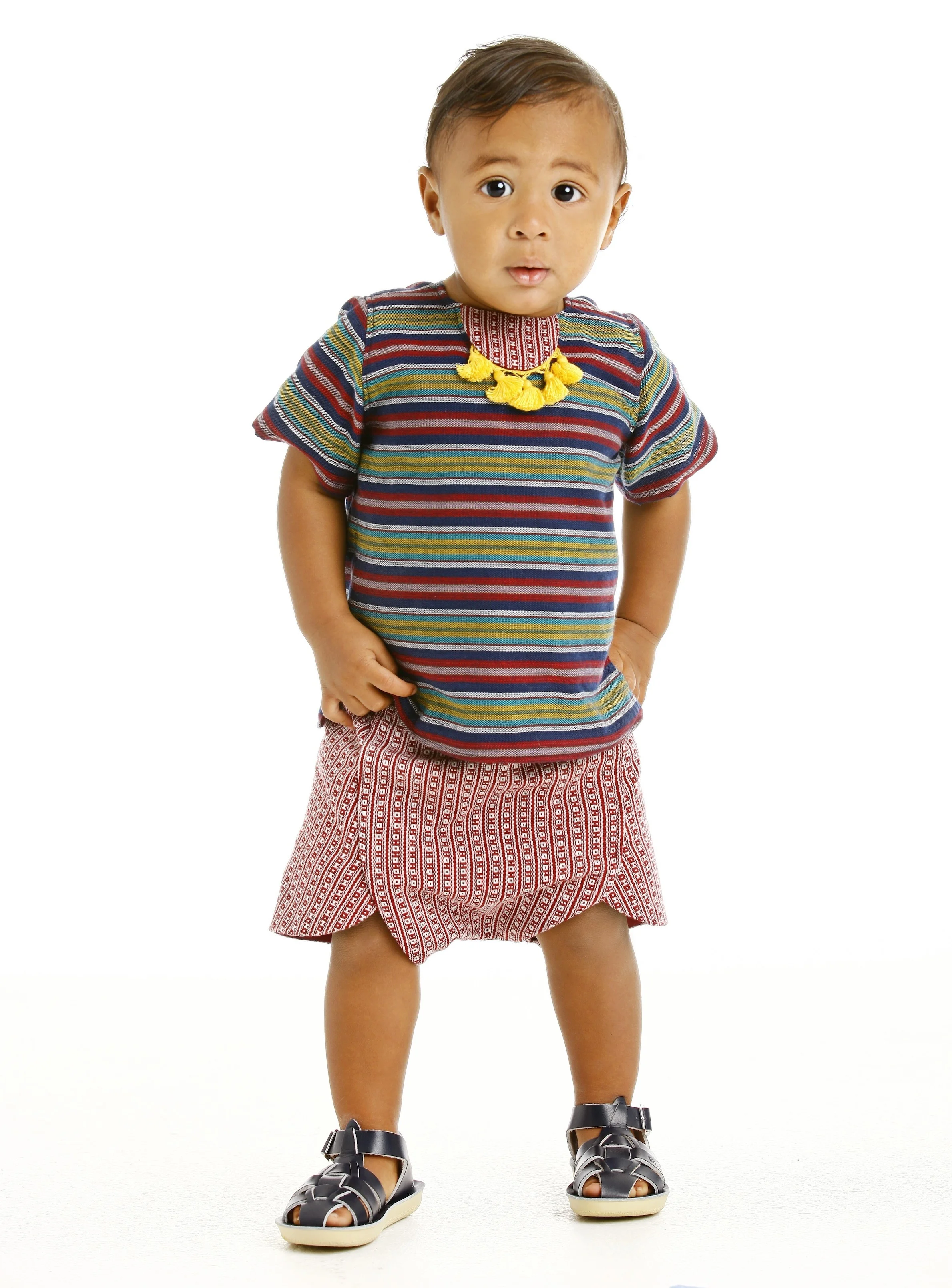 Michael in the fringe tunic and foldover shorts