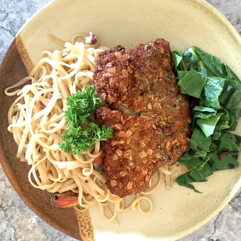 Oat & rye-crusted labahita on aglio olio seafood pasta