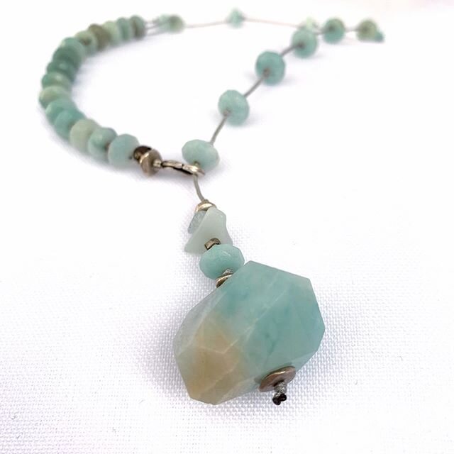 New amazonite necklace. This aqua stone is one of my all-time favorites. It is blue-green with a bit of tan sometimes. This is an asymmetric style, with an easy front closure. #semi-precious #handmade #handcrafted #designer #jewelry #necklace #gems #