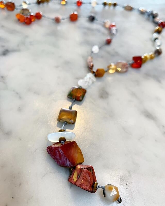 Mookite long strand with agate accents. Feels like a lucky necklace, but aren&rsquo;t they all, when made with gems of the earth?? I love working with irregular and nugget stones! #handmade #designerjewelry #semiprecious  #gemstonejewelry #gems #mine